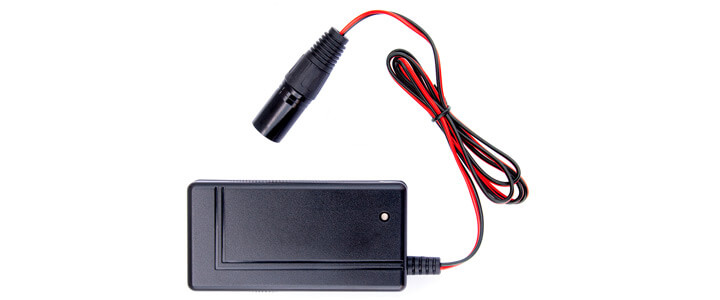 The Lobster Fast Charger is black with a chord that is black and red.